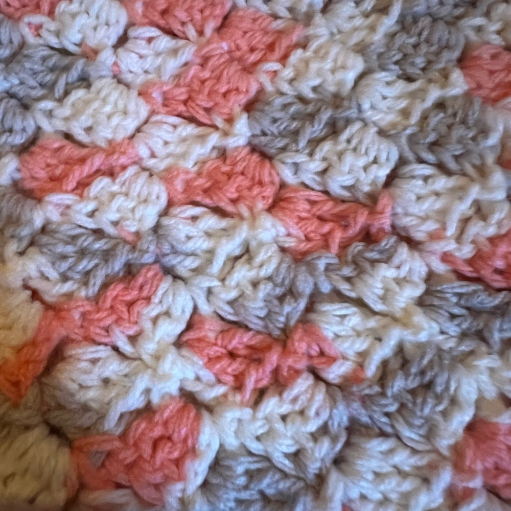 Handmade Crochet Baby Blanket in Pink, Gray, and Off-white